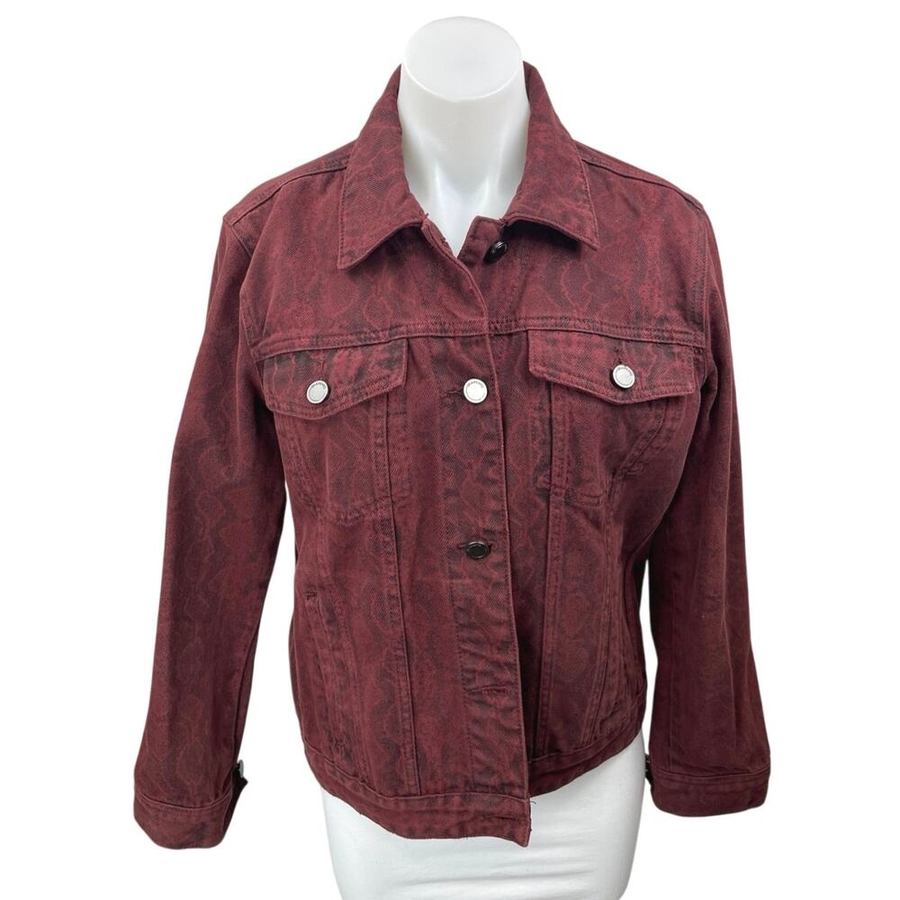 Blanknyc Rattled Up Maroon Snake Animal Print Long Sleeve Denim Jean Jacket S